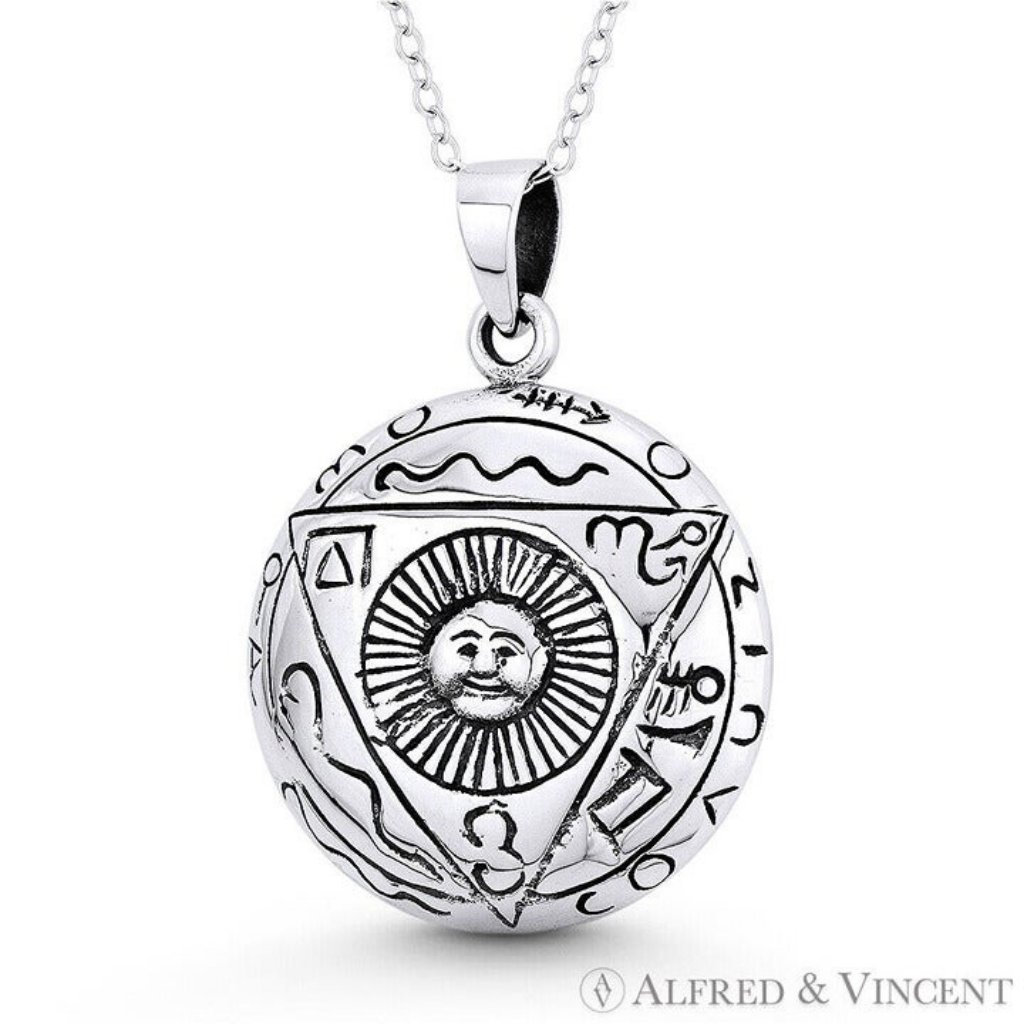 Aztec / Mayan Sun God Charm 33x23mm Pendant In Oxidized .925 Sterling Silver